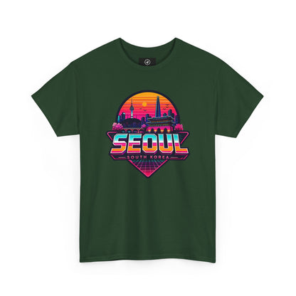 Forest green t-shirt with front Seoul South Korea heart skyline graphic, crew neck
