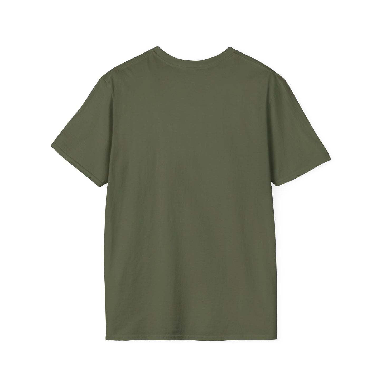 Olive green T-shirt shown from the back, plain with no visible print.