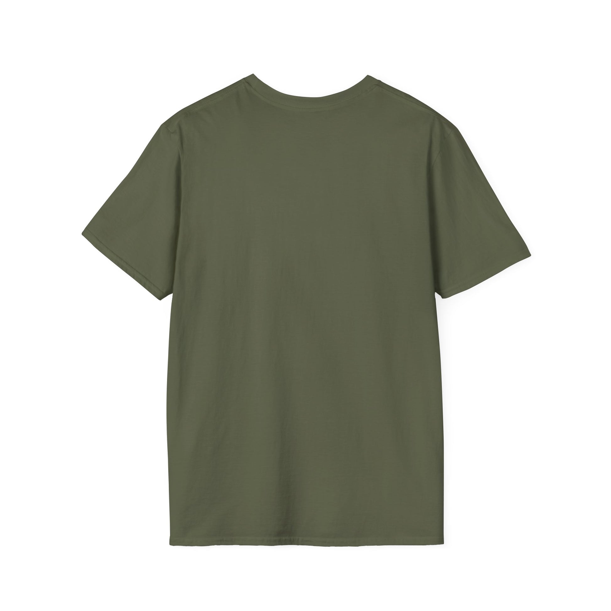 Olive green T-shirt shown from the back, plain with no visible print.