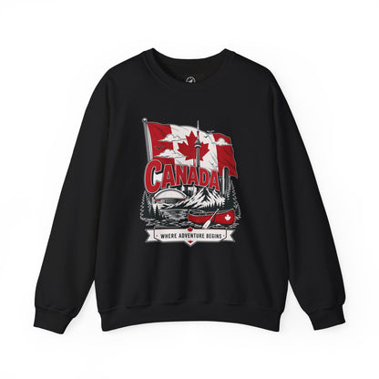 Black crewneck sweatshirt with red Canada flag and canoe graphic on front