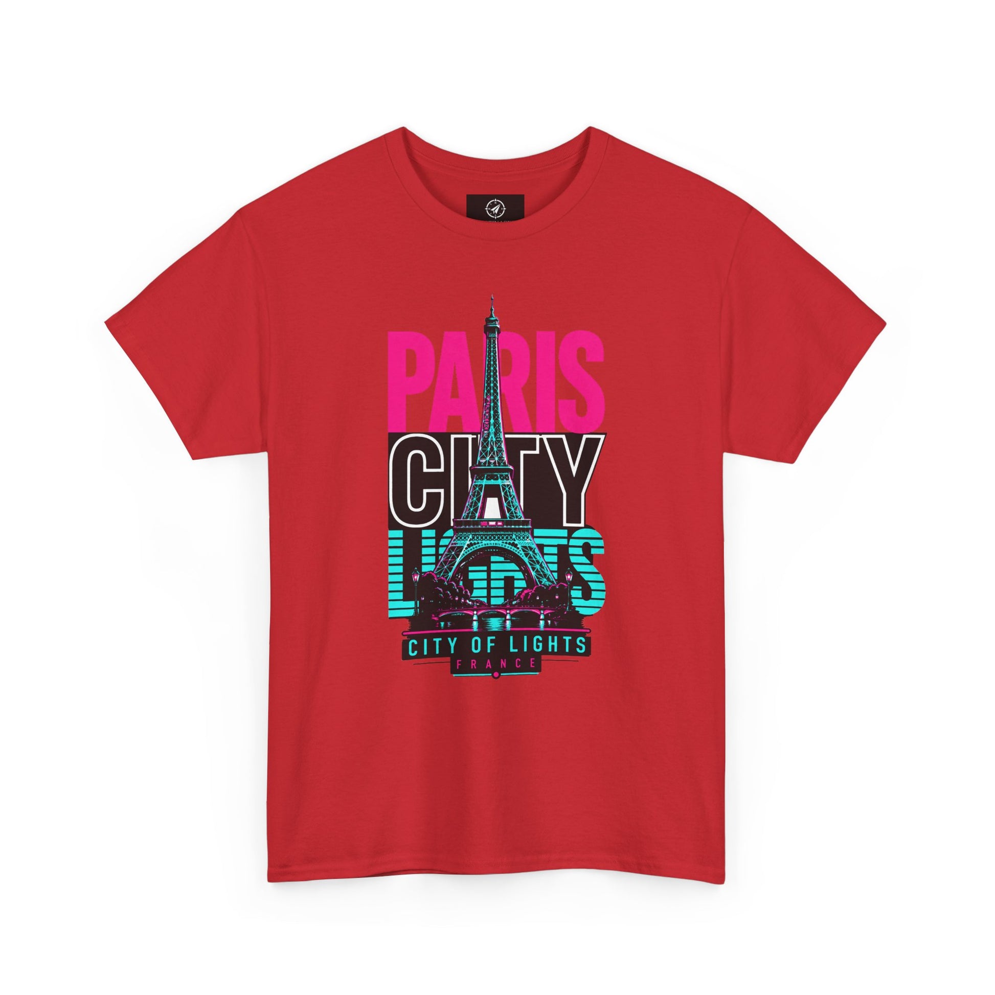 Red T-shirt with neon Eiffel Tower graphic and 'PARIS CITY LIGHTS' print