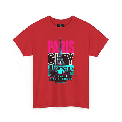 Red T-shirt with neon Eiffel Tower graphic and 'PARIS CITY LIGHTS' print