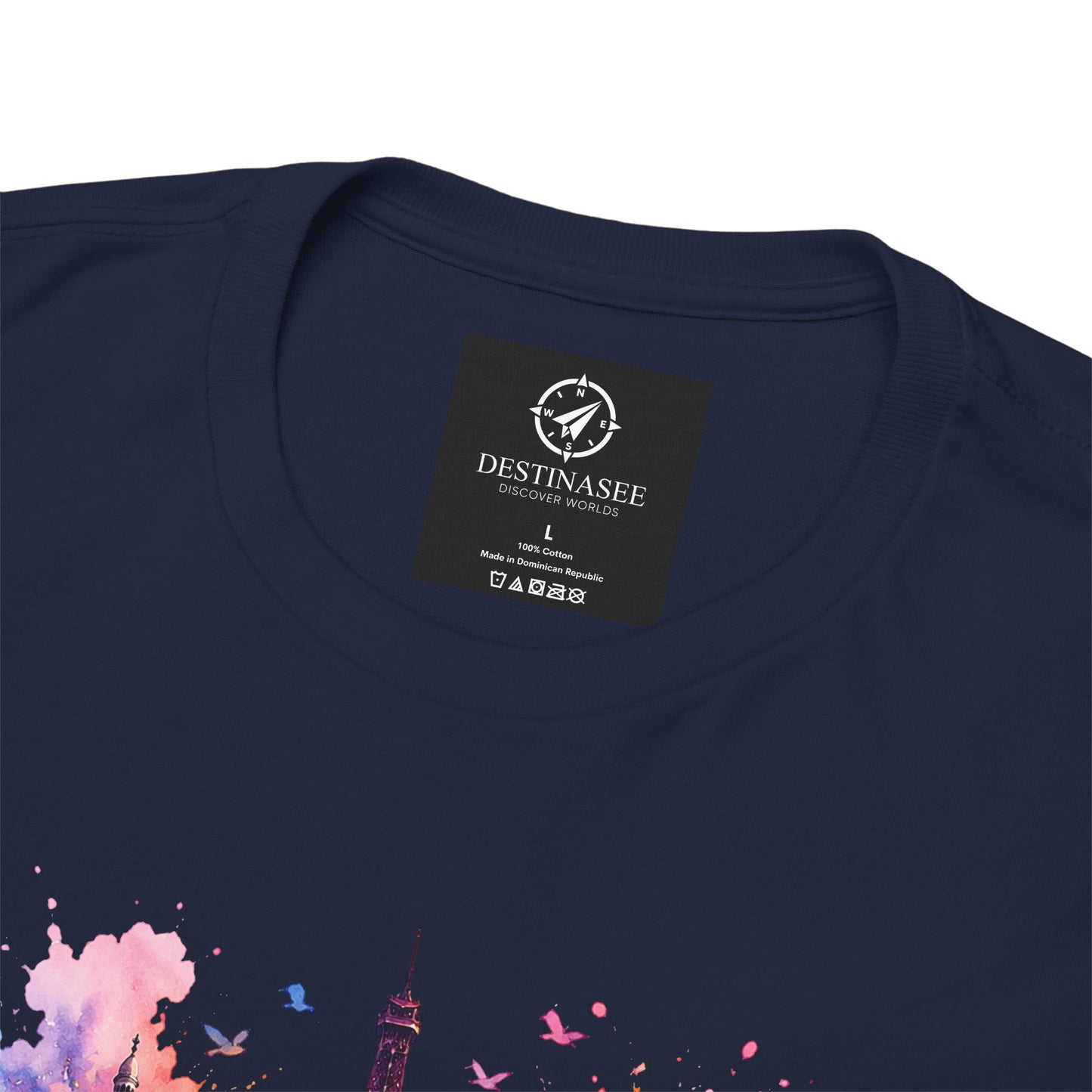 Navy T-shirt with watercolor Eiffel Tower floral design and birds at the hem