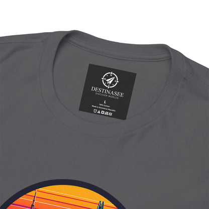 Charcoal gray T-shirt with black “DESIGNASEE” label and partial heart graphic