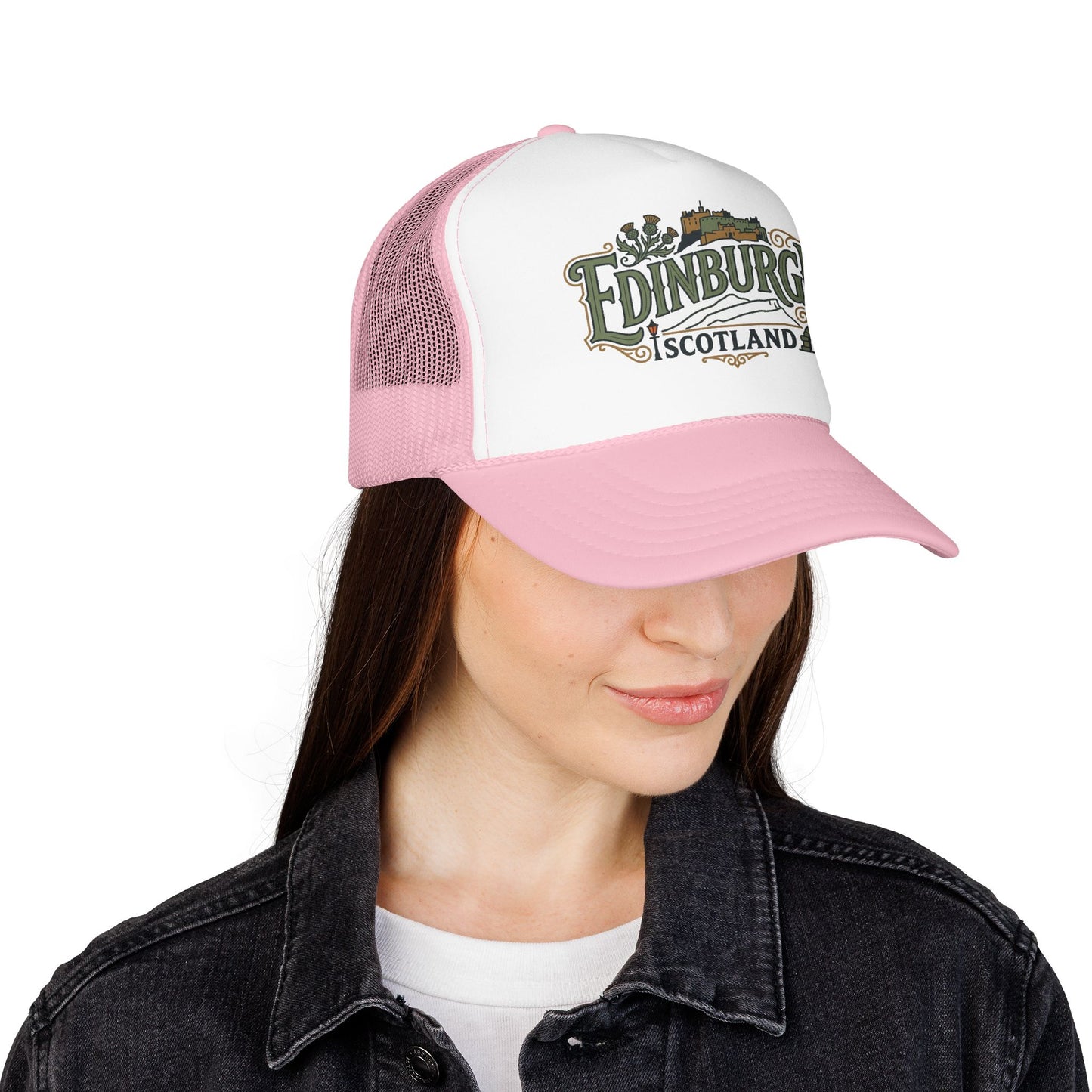Pink-trim white trucker hat with “Edinburgh Scotland” logo and breathable mesh sides