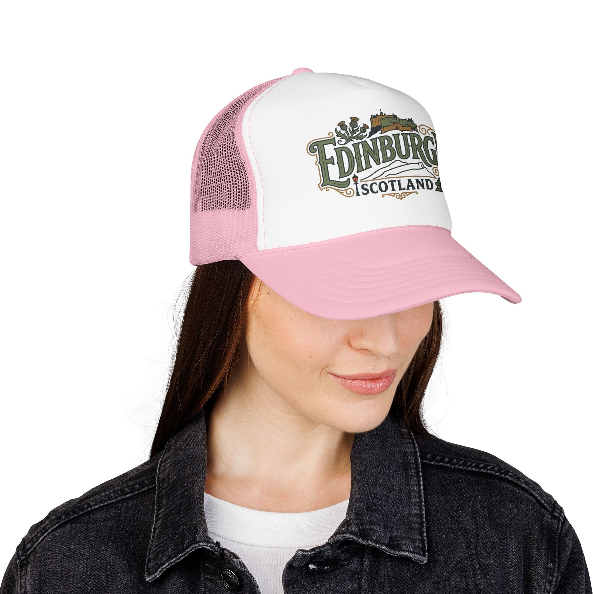 Pink-trim white trucker hat with “Edinburgh Scotland” logo and breathable mesh sides