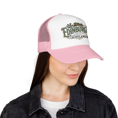 Pink-trim white trucker hat with “Edinburgh Scotland” logo and breathable mesh sides