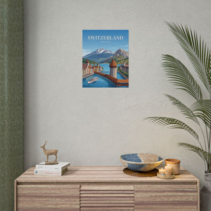 Lucerne Switzerland poster on wall featuring blue lake, mountains, and riverside bridge