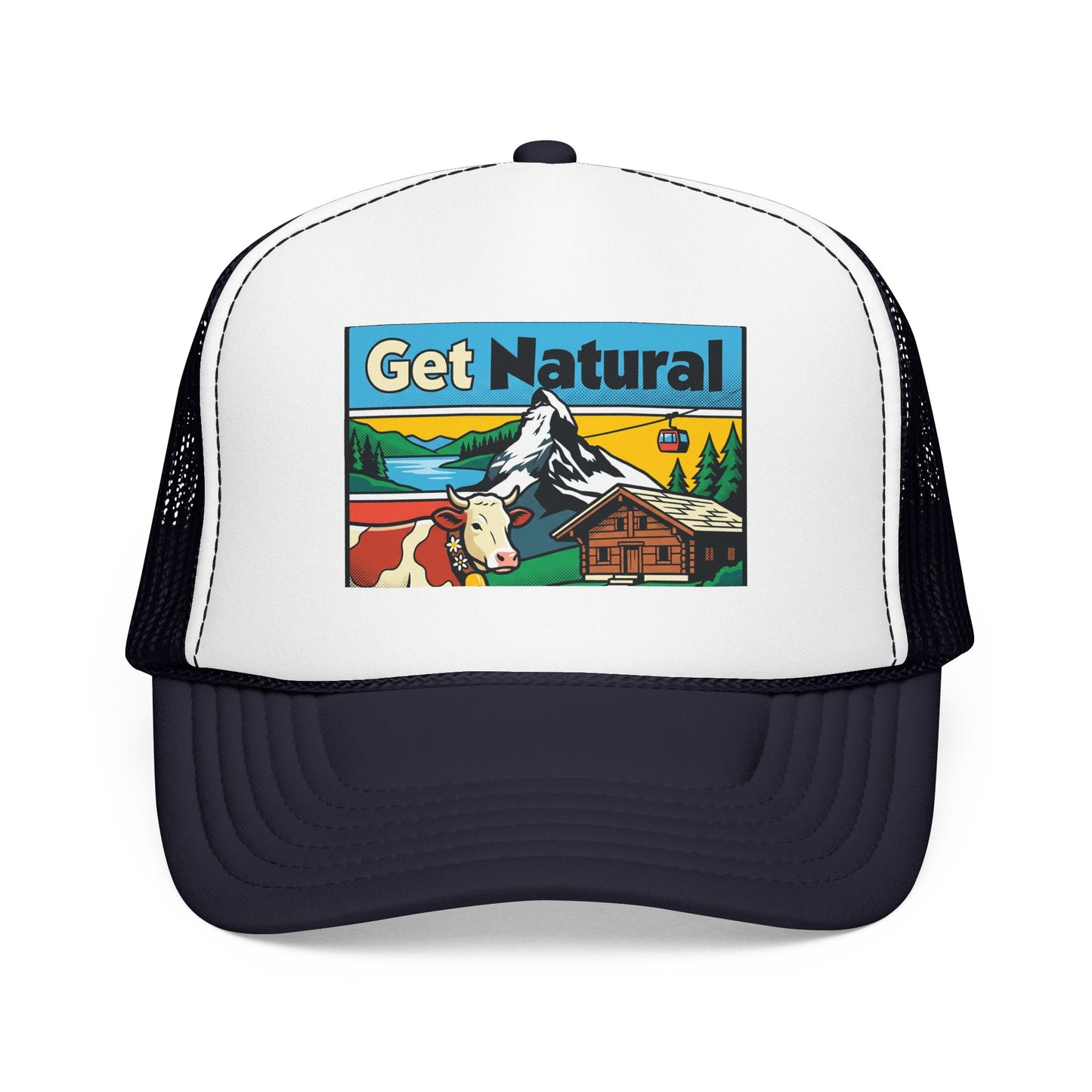 Get Natural trucker hat with Swiss landscape patch, white front and navy mesh sides.