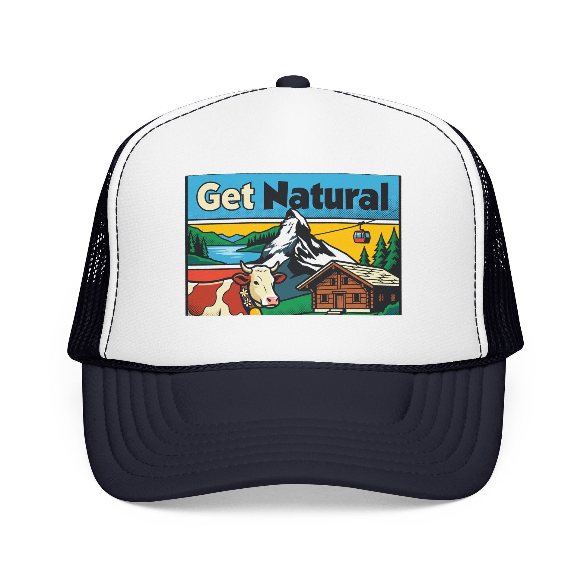 Get Natural trucker hat with Swiss landscape patch, white front and navy mesh sides.