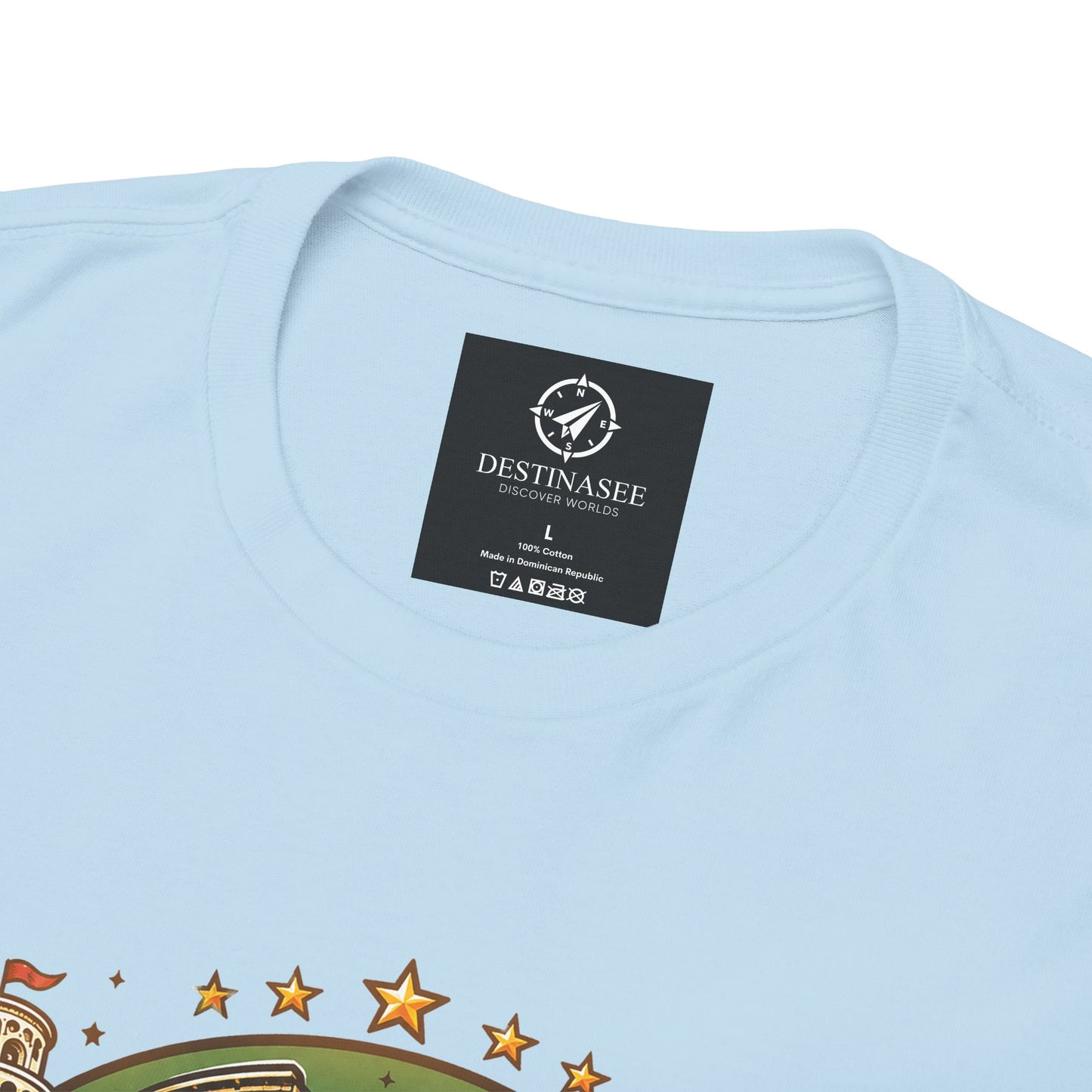 Light blue short-sleeve T-shirt with black neck label and partial chest graphic