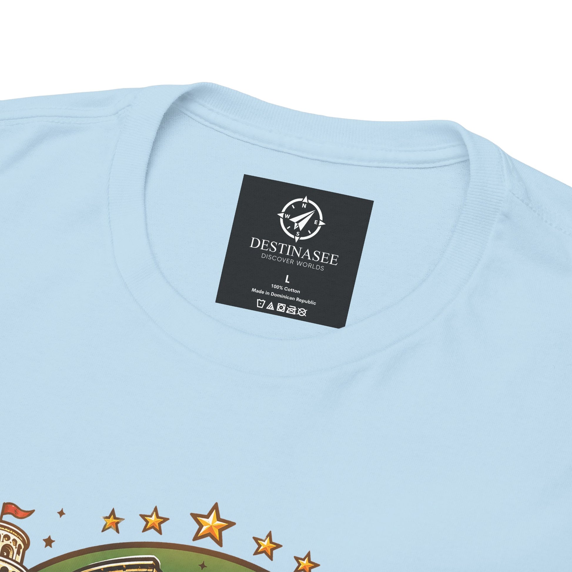 Light blue short-sleeve T-shirt with black neck label and partial chest graphic