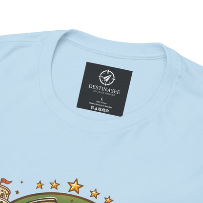 Light blue short-sleeve T-shirt with black neck label and partial chest graphic