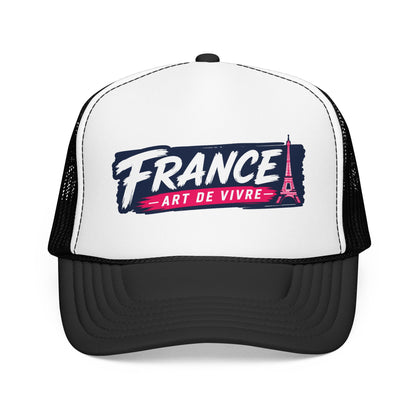 Trucker hat with white front panels, black mesh sides, and 'FRANCE' graphic