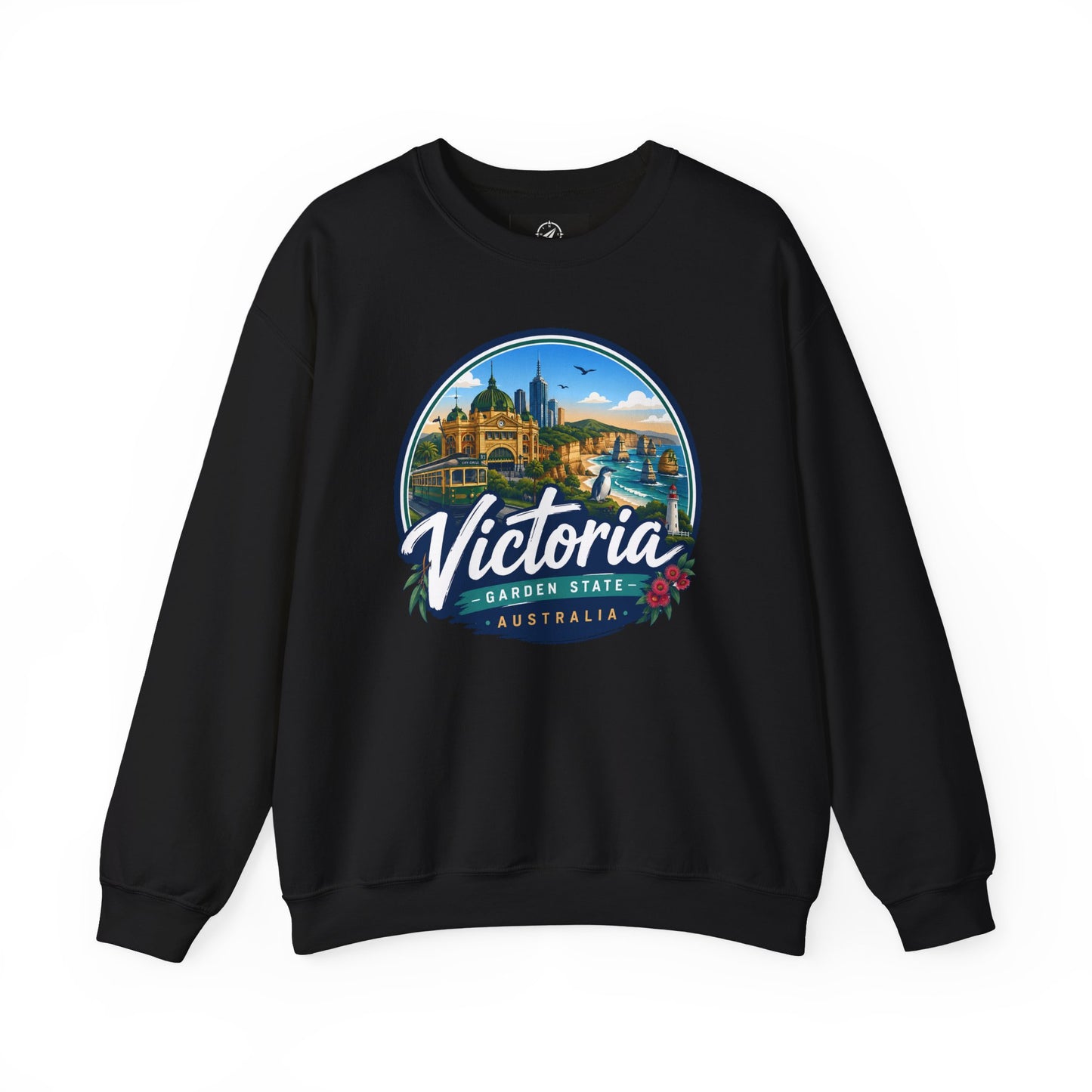 Black vintage crewneck sweatshirt with Victoria Australia graphic at the chest