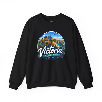 Black vintage crewneck sweatshirt with Victoria Australia graphic at the chest