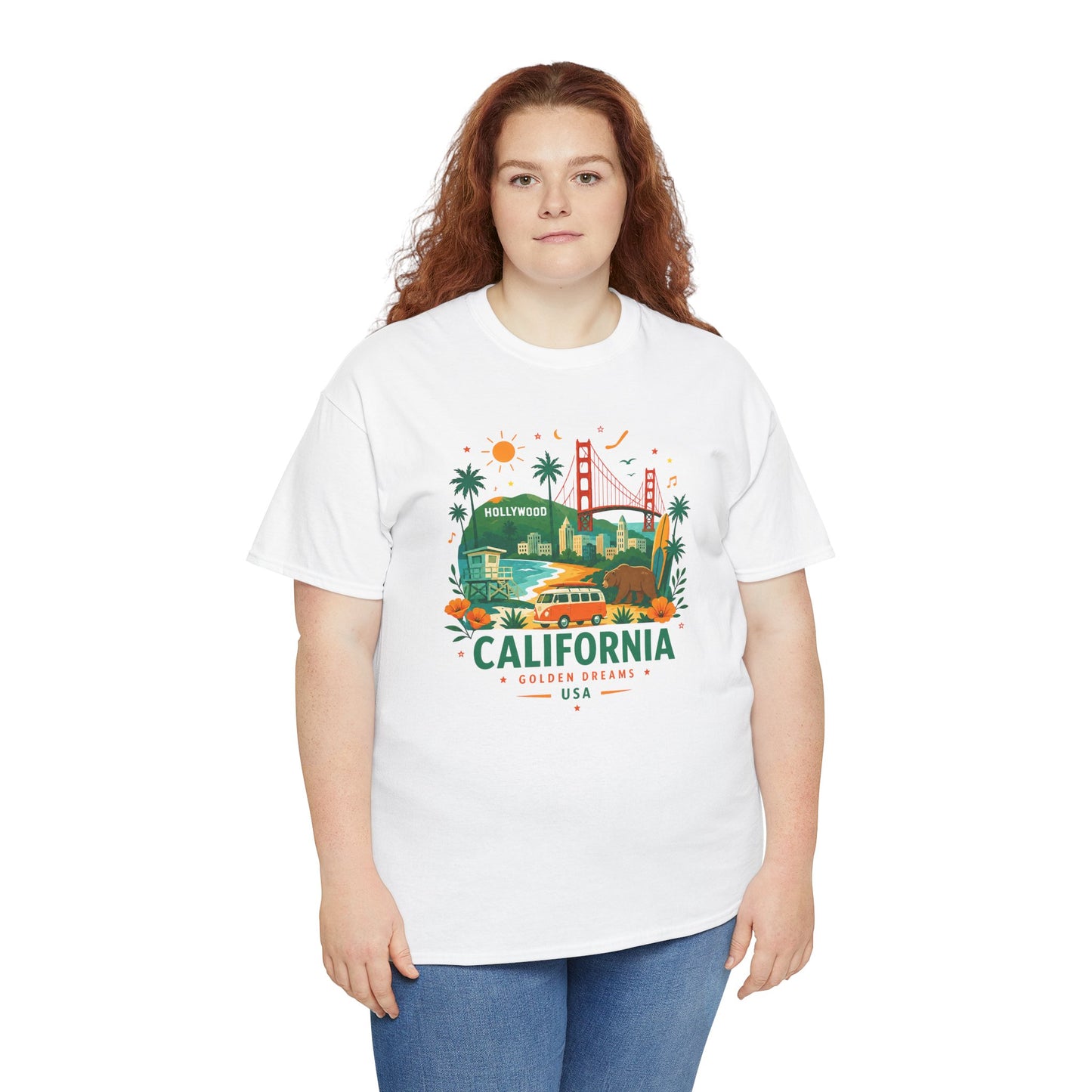 White crew-neck T-shirt with colorful California graphic print