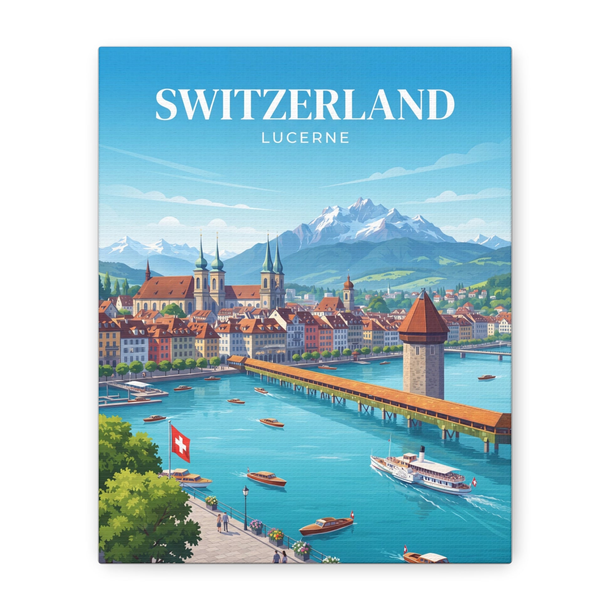 Matte canvas wall art with Switzerland Lucerne title over mountain river town and boats