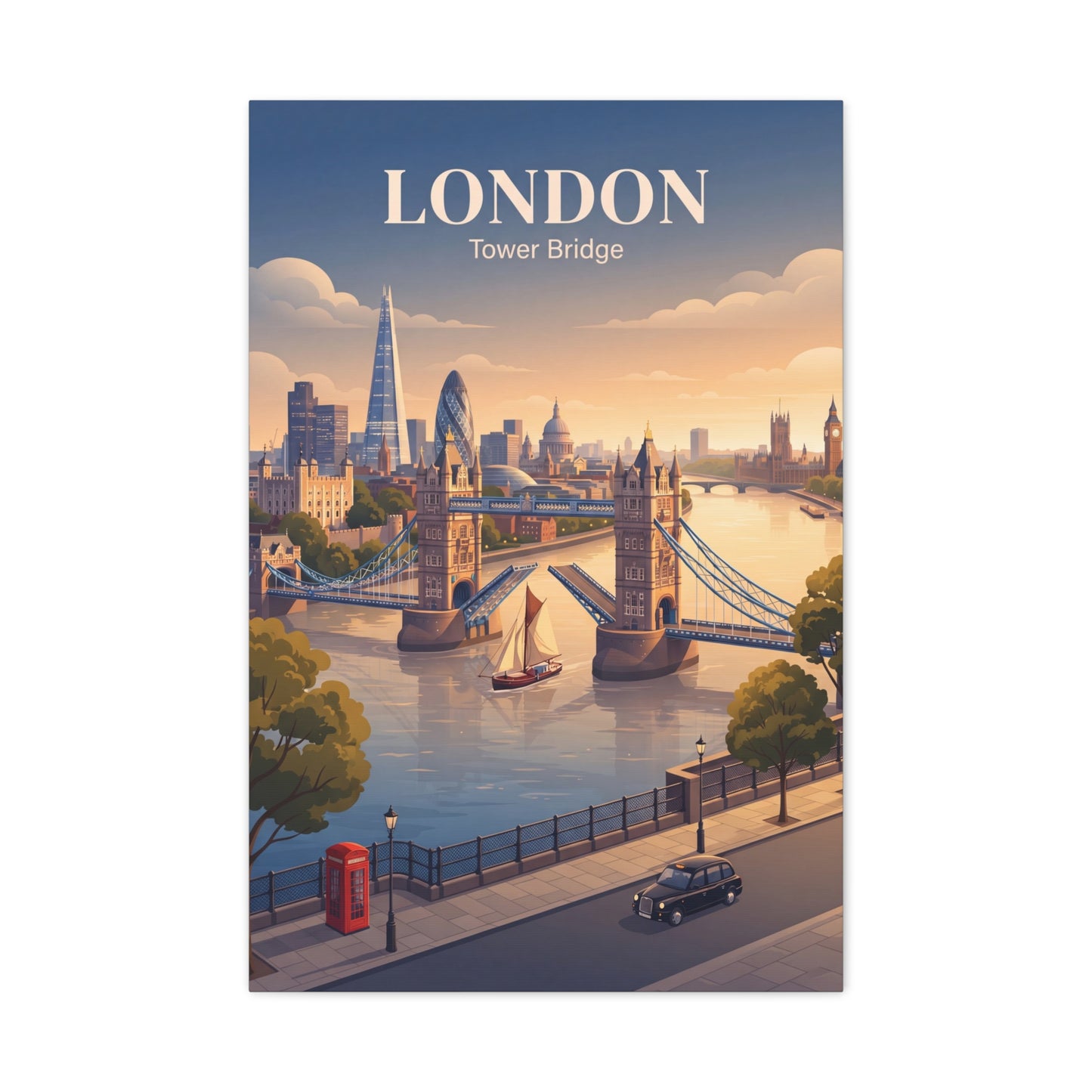 Matte canvas wall art with London Tower Bridge skyline and “Tower Bridge” text near top