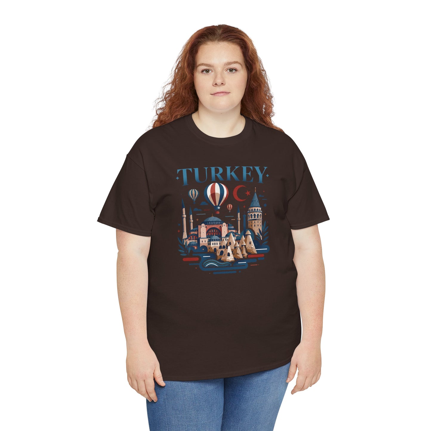 Dark brown T-shirt with blue Turkey-themed skyline, hot air balloon, and crescent moon graphic