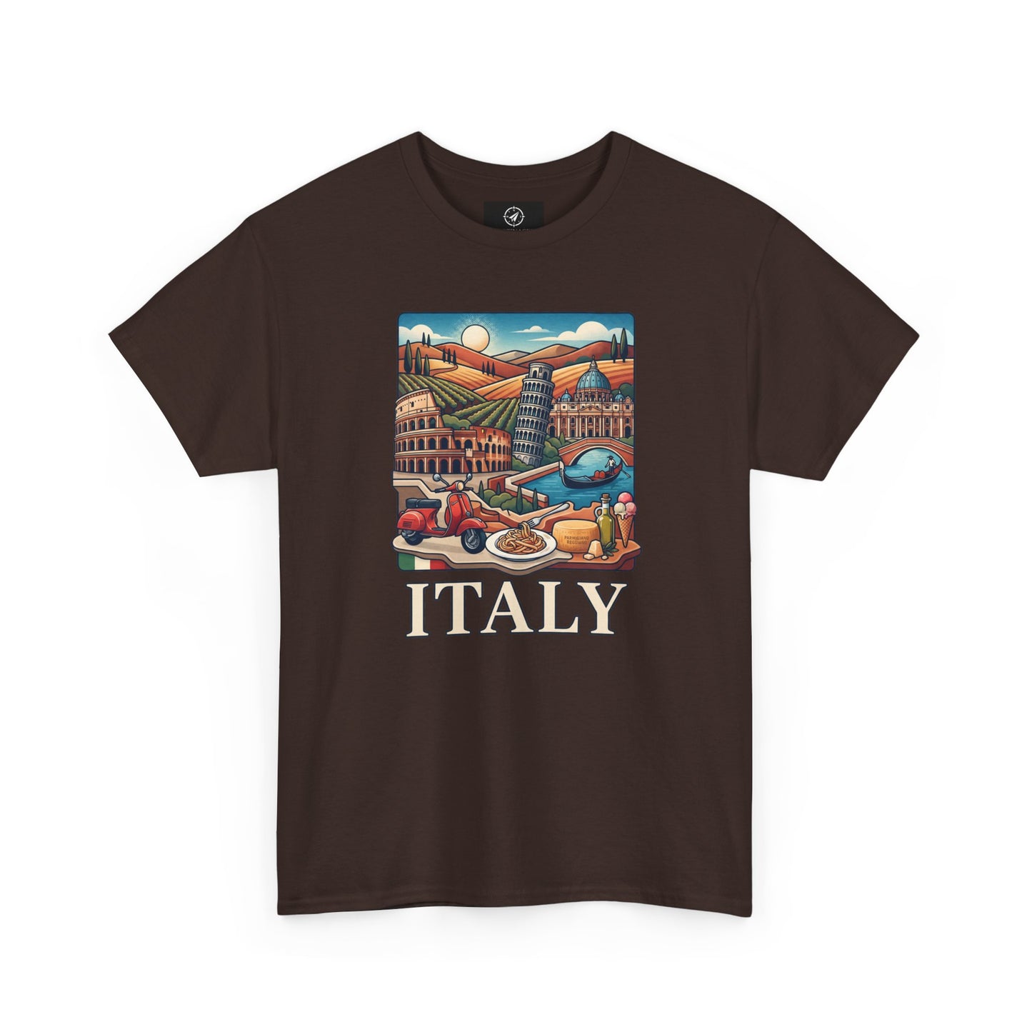 Dark brown graphic T-shirt with rectangular Italy scenic print and large “ITALY” text