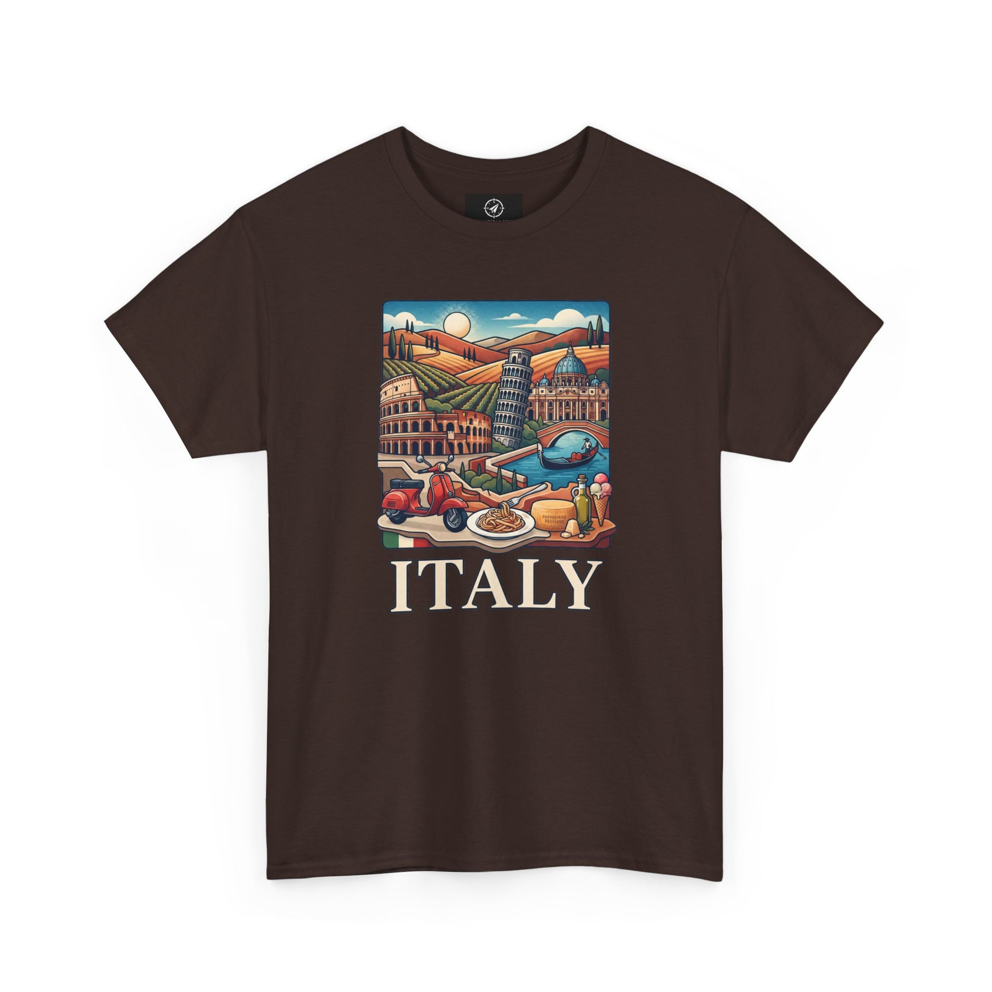 Dark brown graphic T-shirt with rectangular Italy scenic print and large “ITALY” text