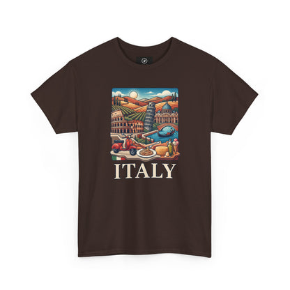 Dark brown graphic T-shirt with rectangular Italy scenic print and large “ITALY” text