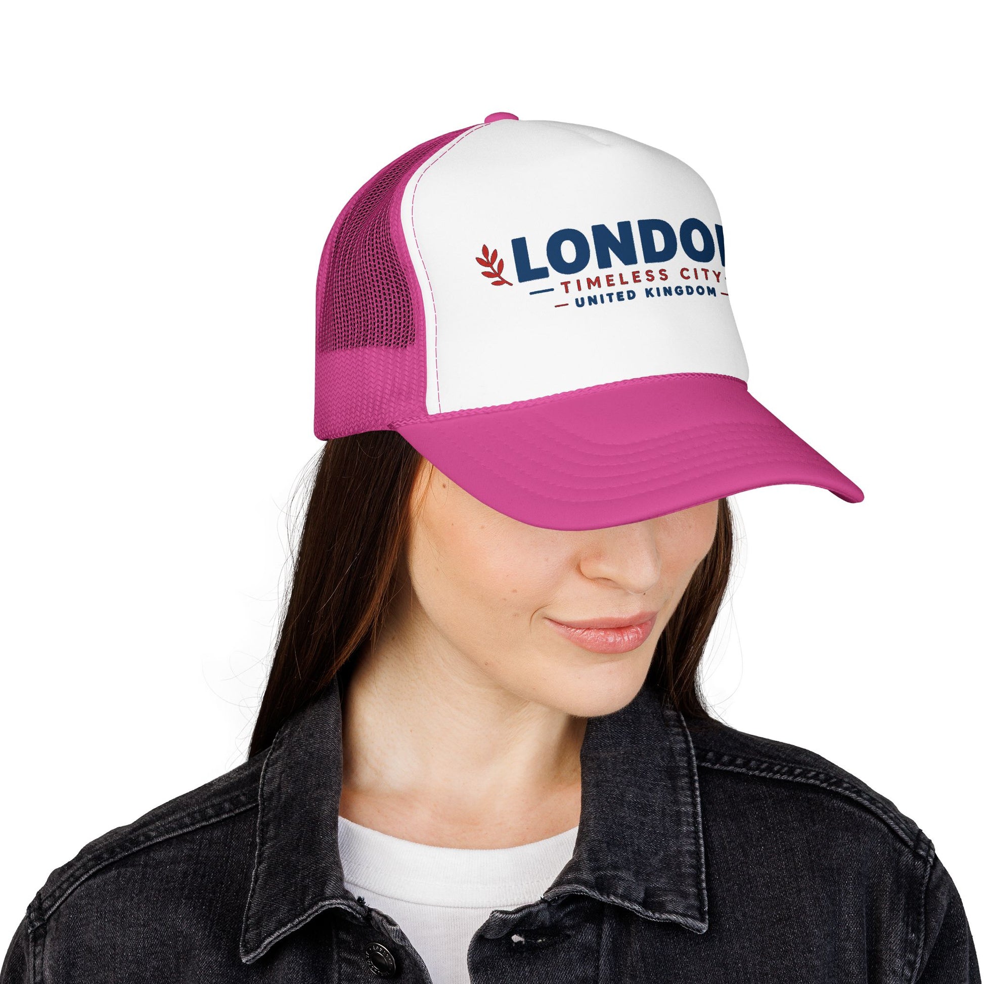 Pink-and-white trucker hat with white front and pink brim, LONDON logo