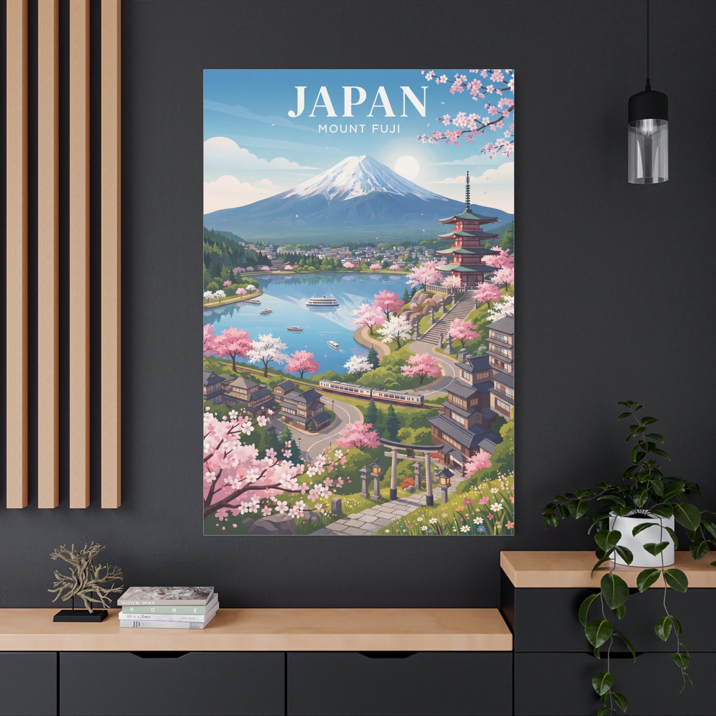 Square wall canvas print showing Mount Fuji over cherry blossom gardens and lake.