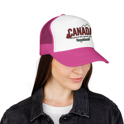 White front foam trucker hat with Canada logo, pink mesh sides, and pink curved visor.