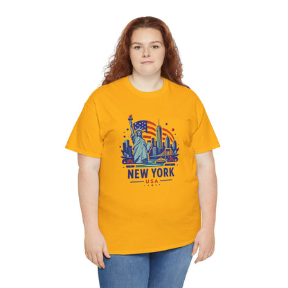 Gold T-shirt with front graphic of Statue of Liberty and New York USA