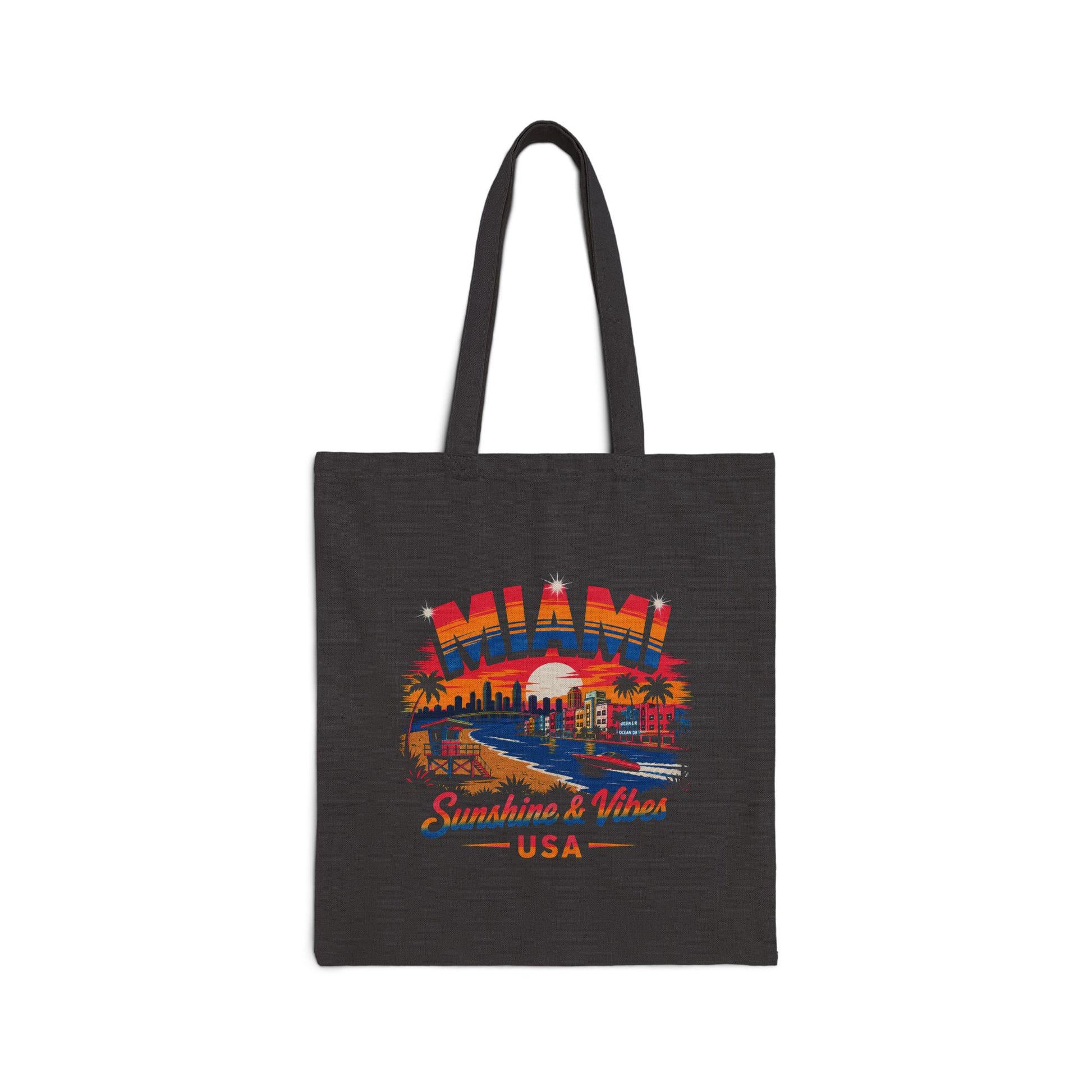 Black tote bag with colorful Miami skyline graphic and “Sunshine & Others” text