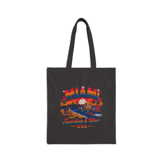 Black tote bag with colorful Miami skyline graphic and “Sunshine & Others” text