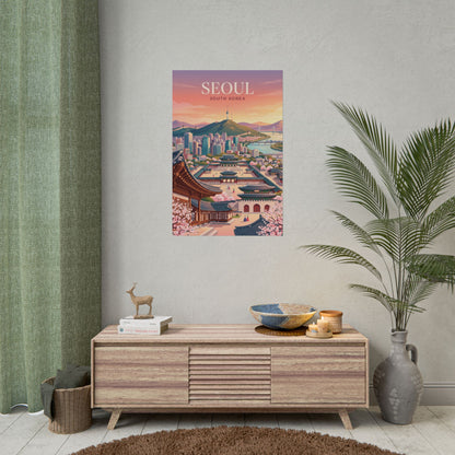 Portrait Seoul poster featuring detailed rooftops, river, and SEOUL title in gold letters