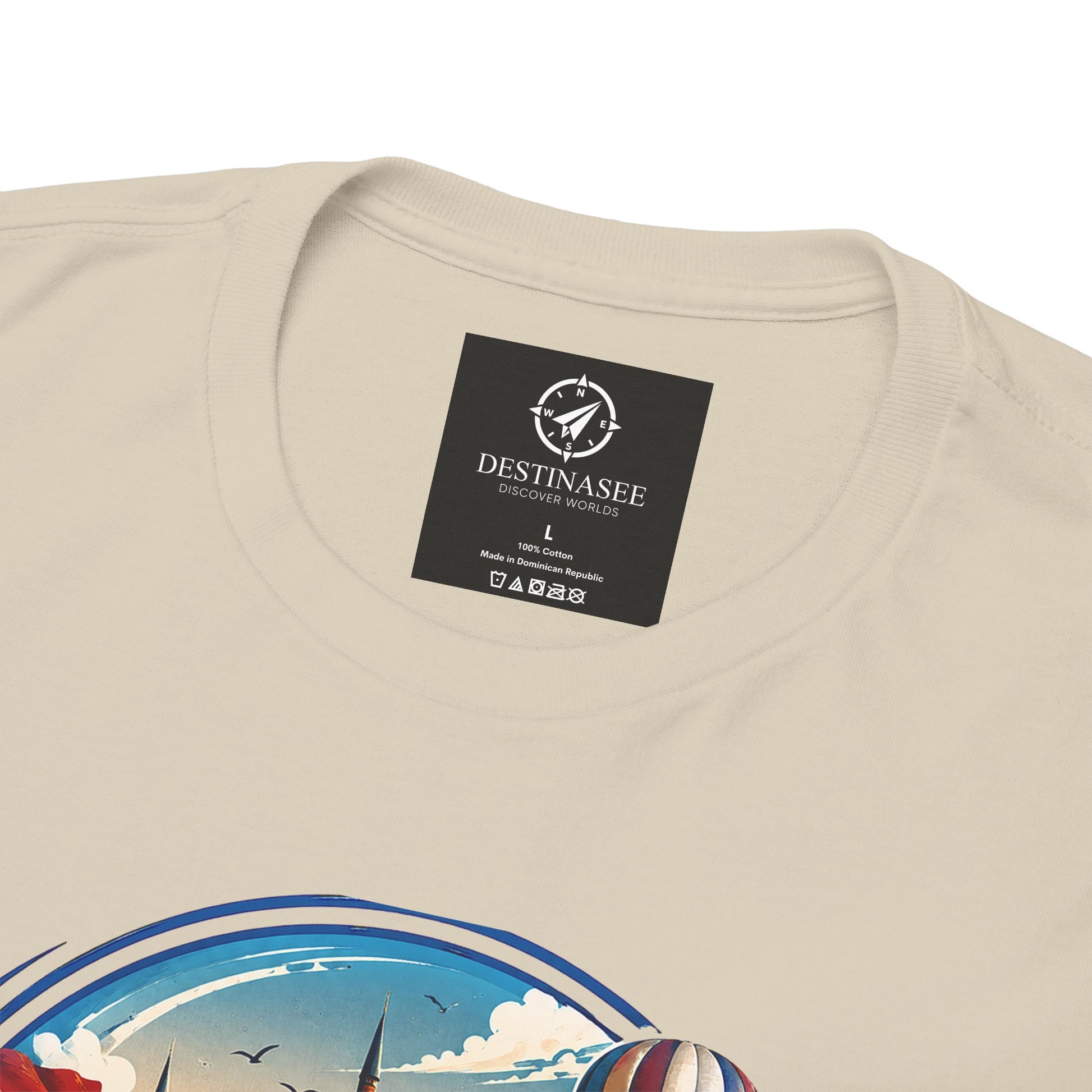 Natural T-shirt close-up: black neck label and top of “Turkey” artwork