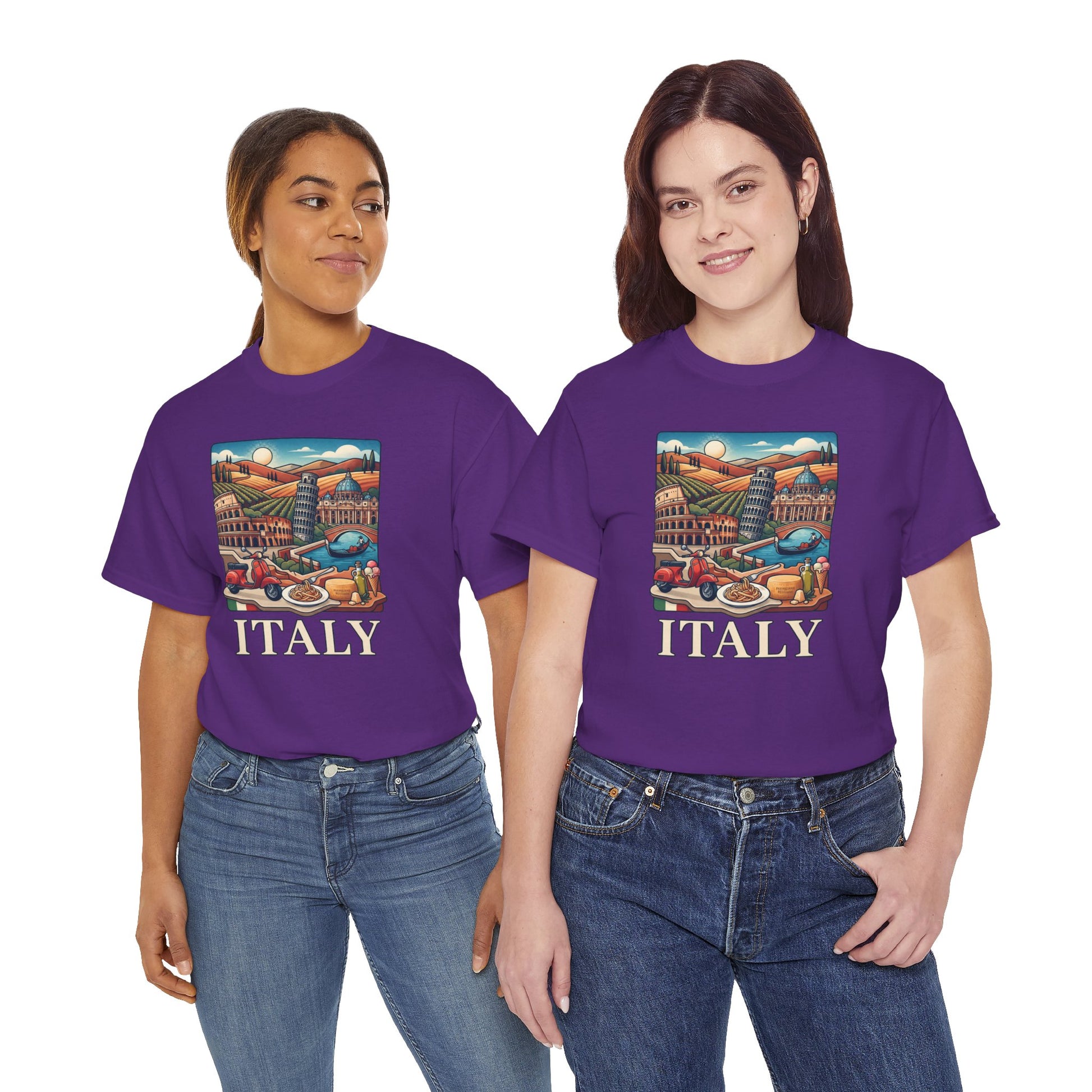 Purple T-shirt with Italy scenic graphic and bold ITALY text on front