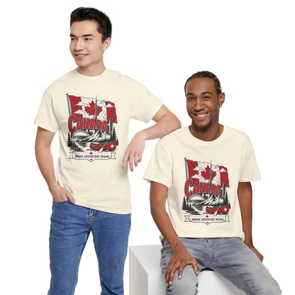 Men's cream T-shirt with red Canada graphic front and crew neck.