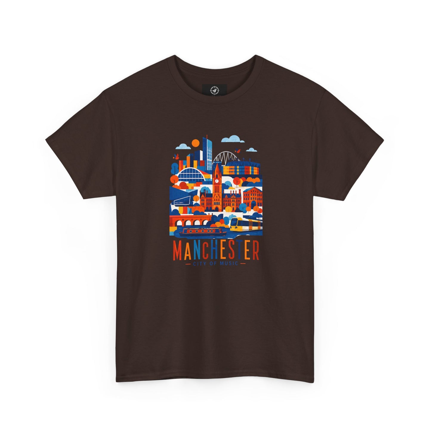 Dark T-shirt with colorful Manchester skyline and text graphic on the chest