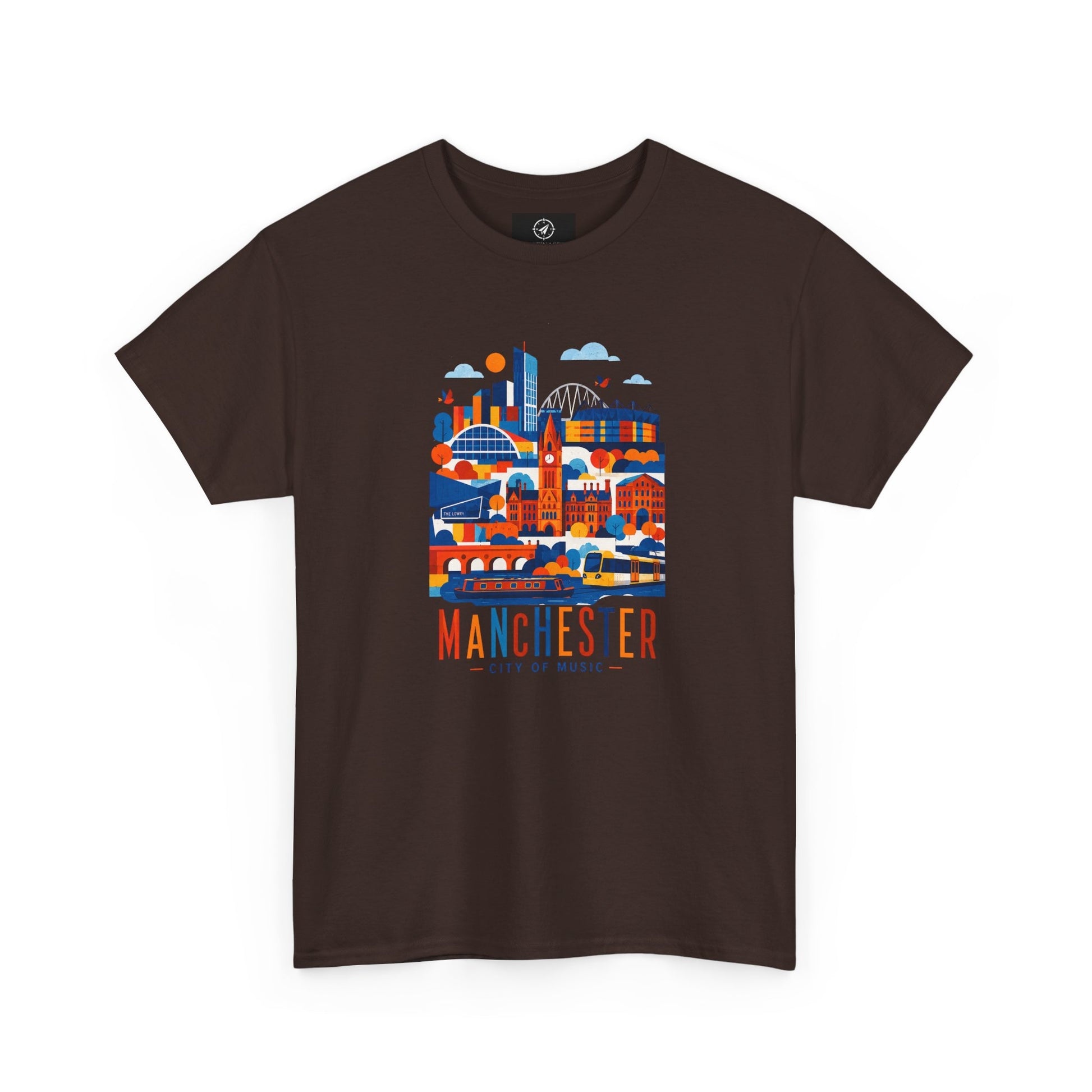 Dark T-shirt with colorful Manchester skyline and text graphic on the chest