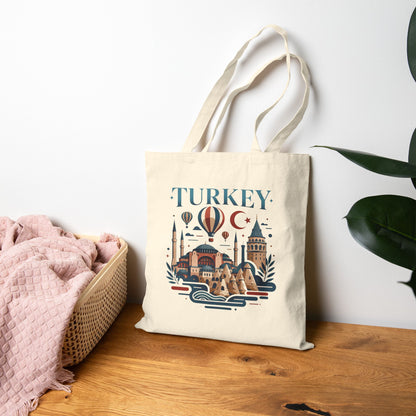 Natural travel tote bag with Turkey graphic print, standing with top handles