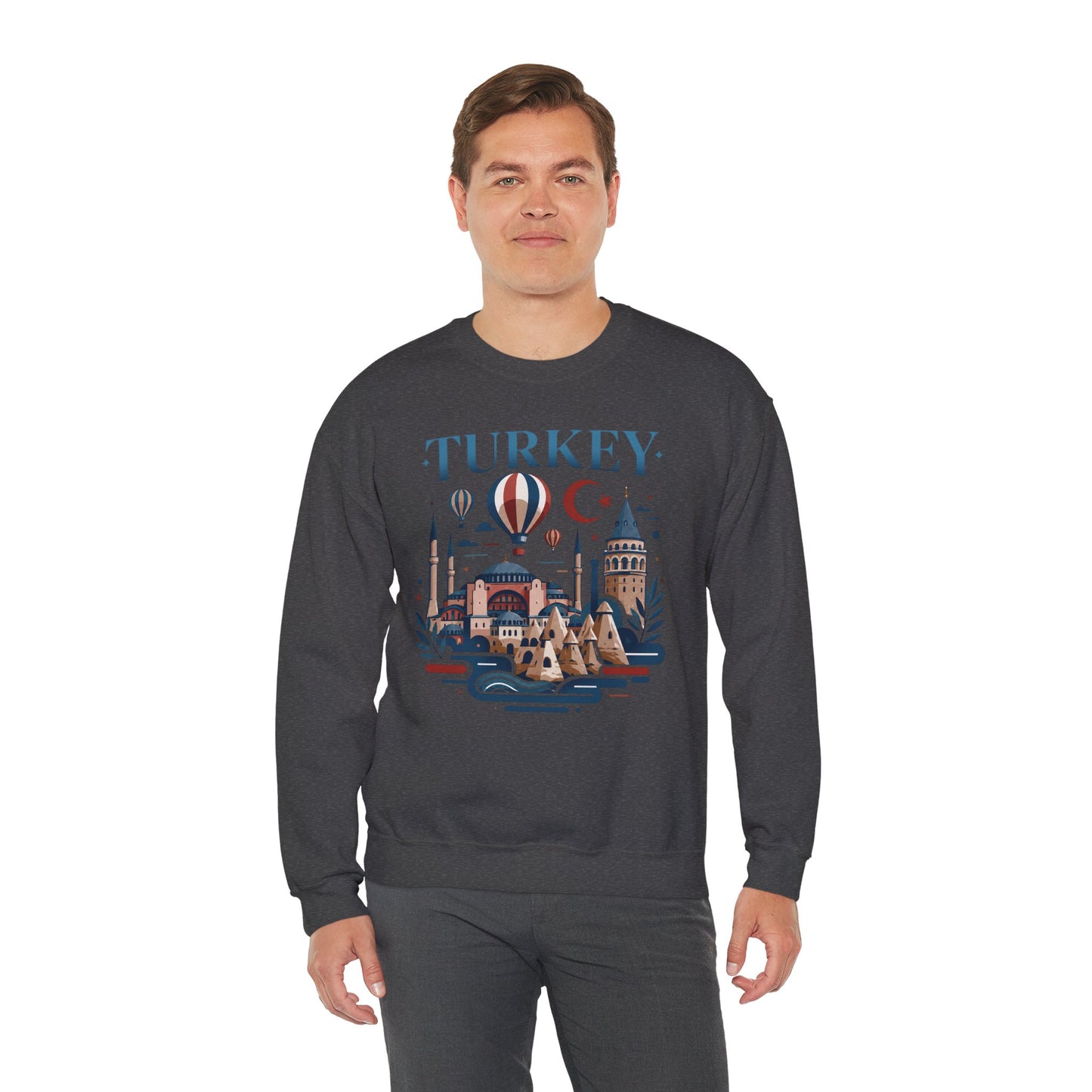 Dark charcoal crewneck sweatshirt with Turkey skyline graphic on the front
