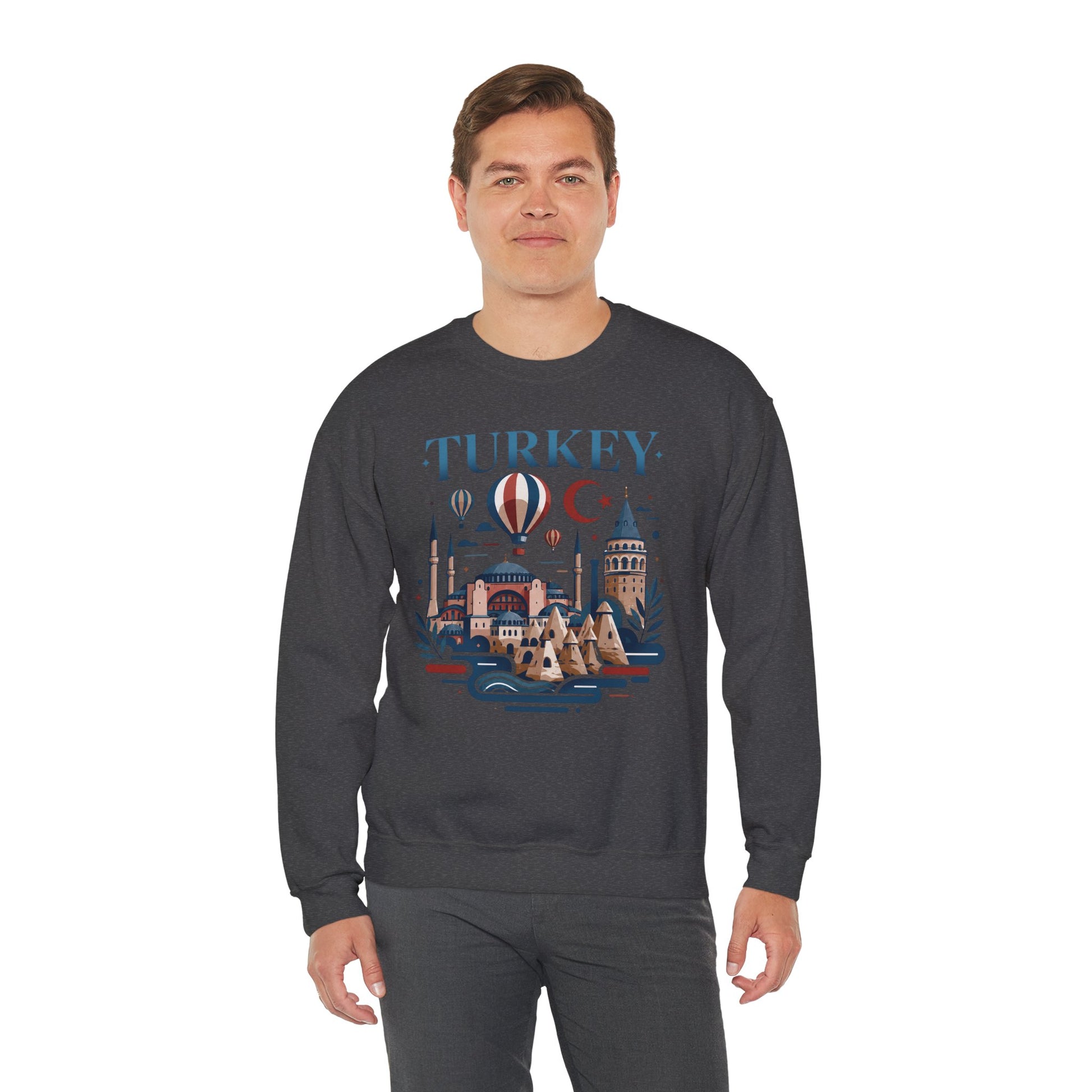Dark charcoal crewneck sweatshirt with Turkey skyline graphic on the front