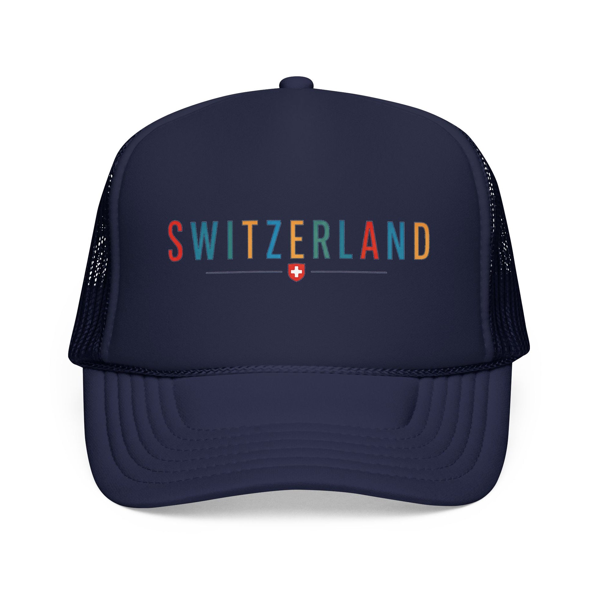 Foam trucker cap with Switzerland logo, dark navy front and mesh side panels