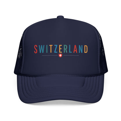 Foam trucker cap with Switzerland logo, dark navy front and mesh side panels