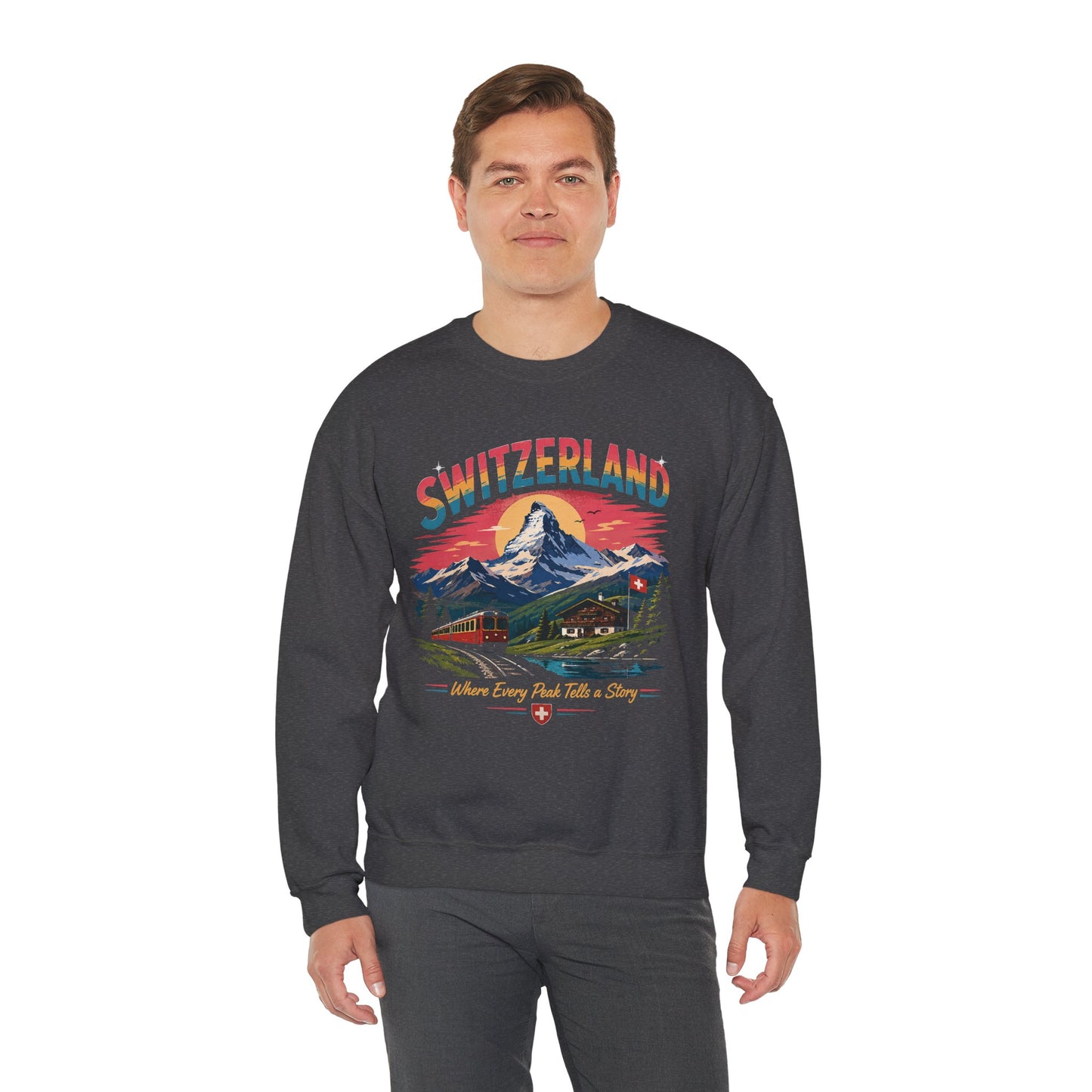 Dark heather crewneck sweatshirt with colorful Switzerland graphic on front