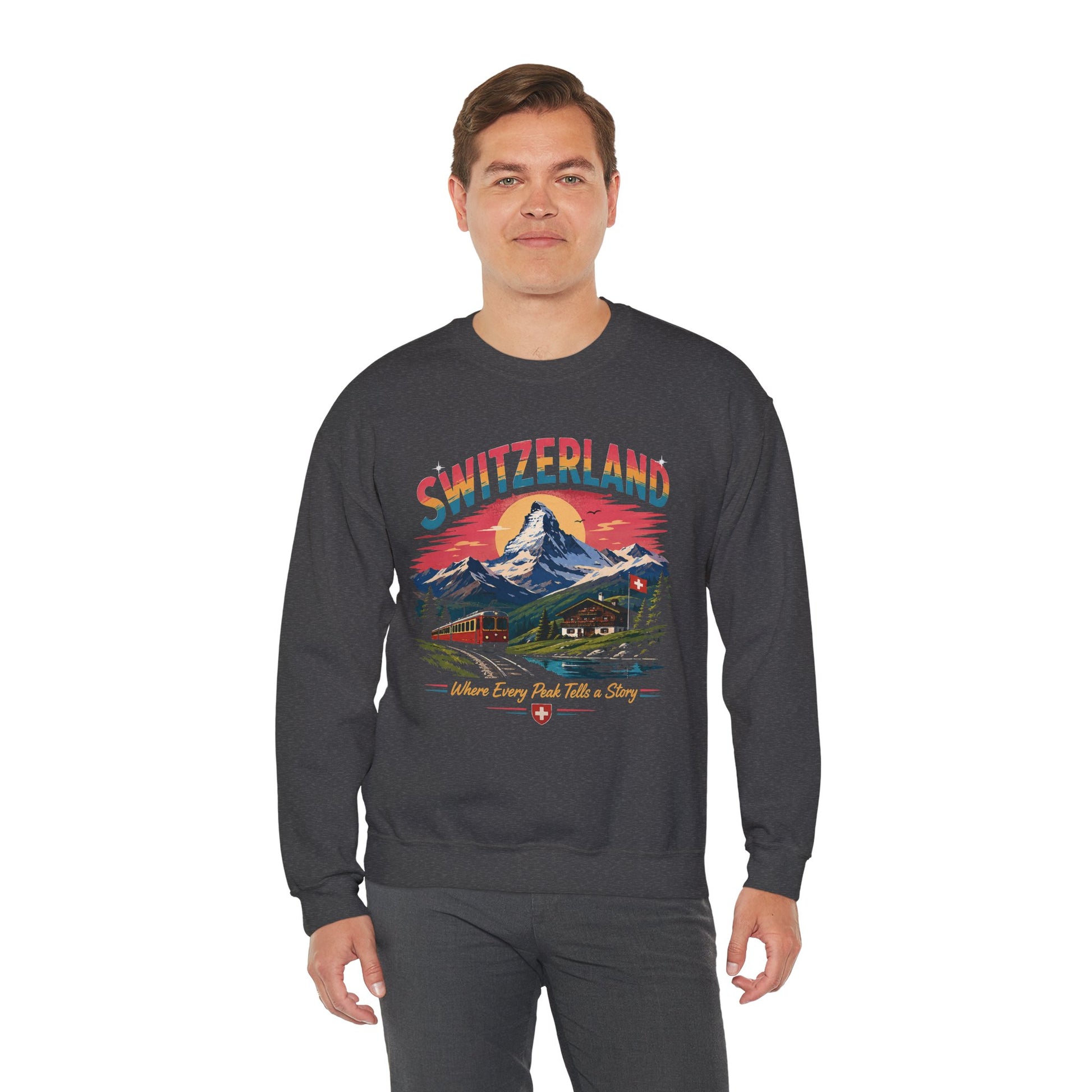 Dark heather crewneck sweatshirt with colorful Switzerland graphic on front