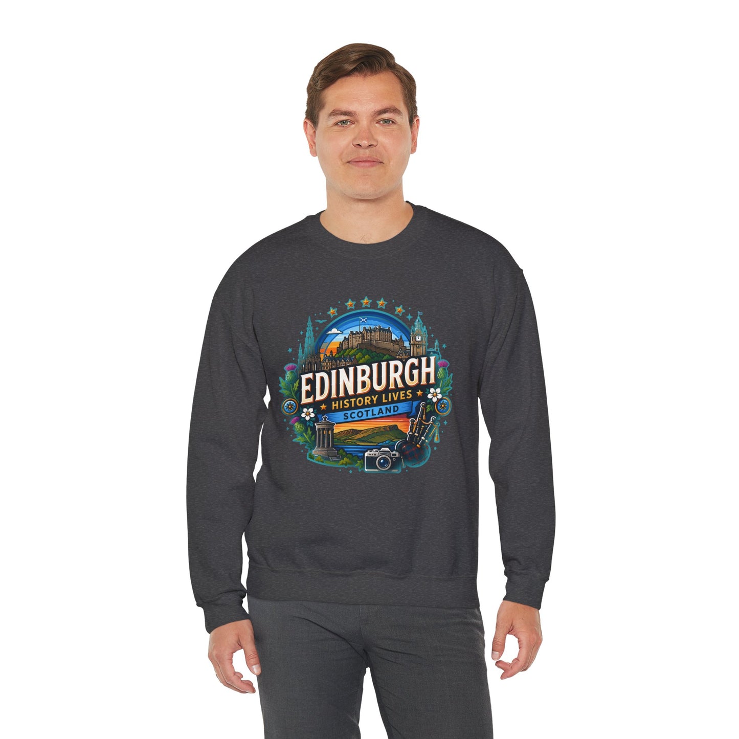 Dark heather crewneck sweatshirt with colorful Edinburgh graphic on front
