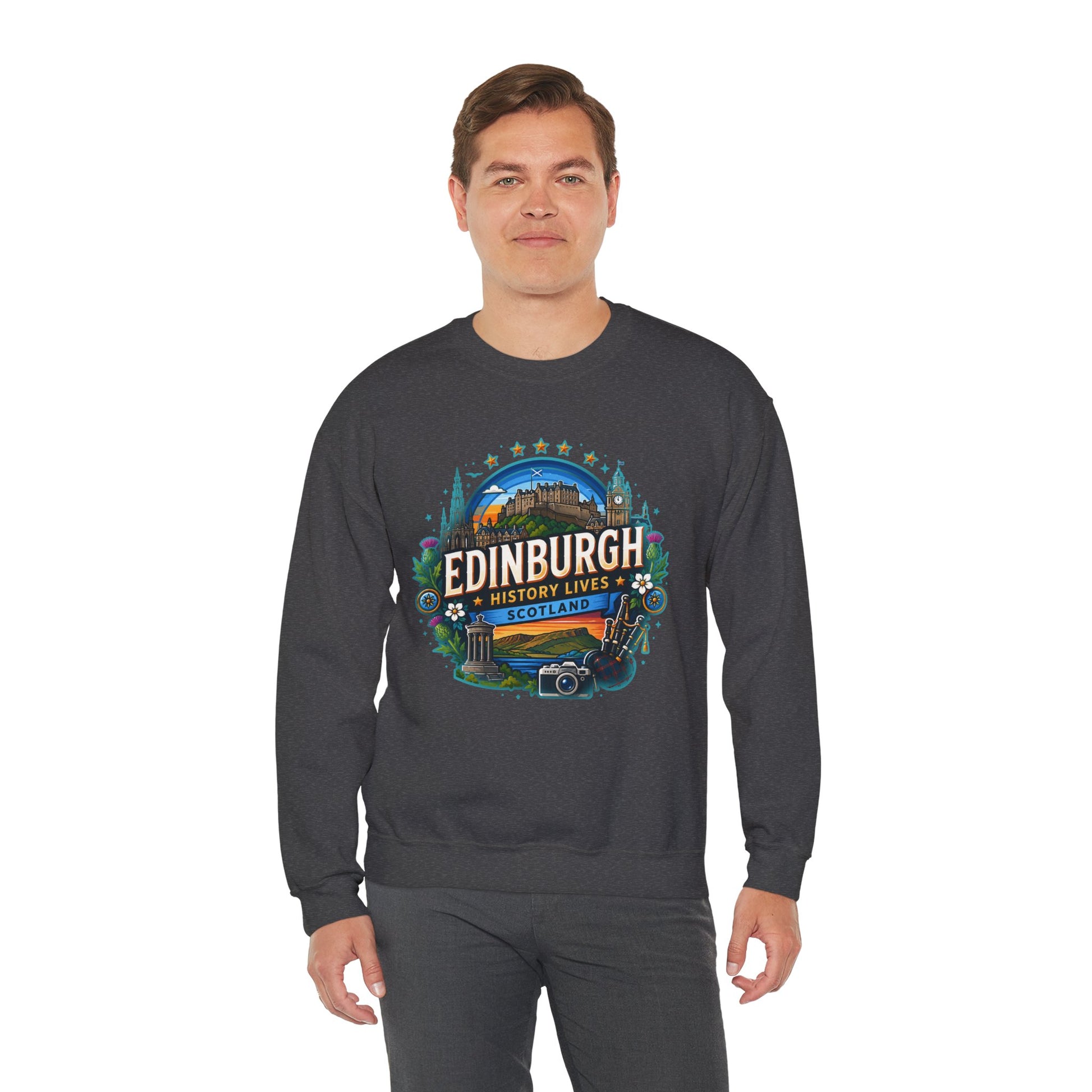 Dark heather crewneck sweatshirt with colorful Edinburgh graphic on front