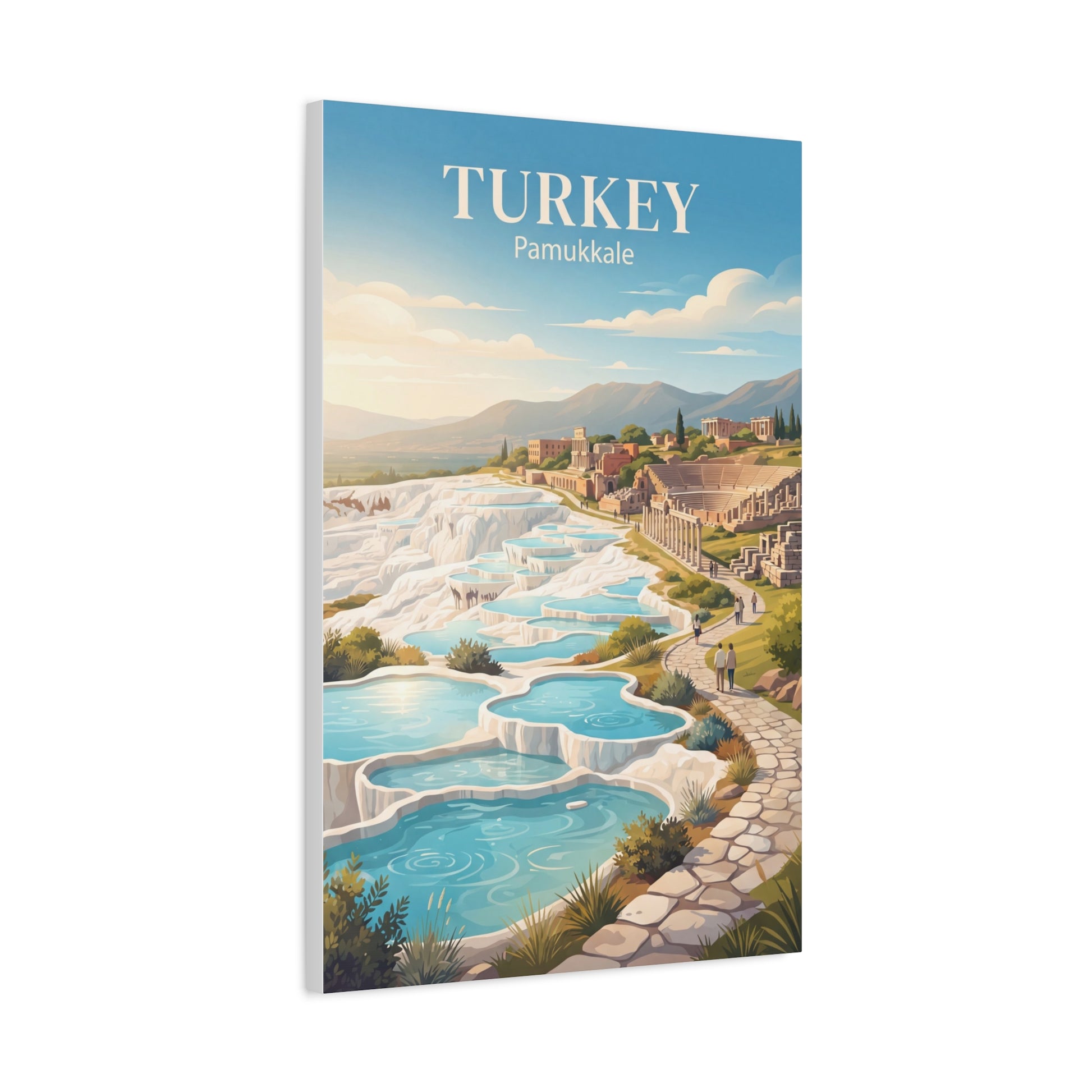 Turkey Pamukkale matte canvas wall art with turquoise pools, white rock steps, and path