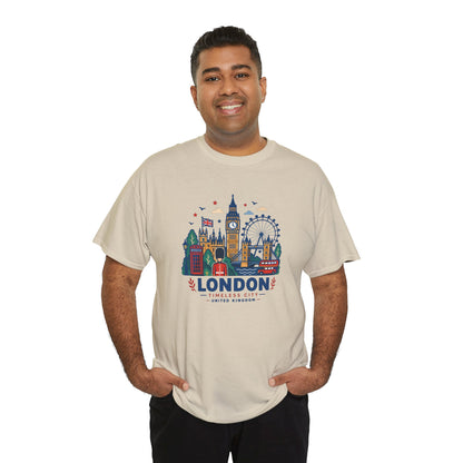 Natural London skyline T-shirt with colorful city skyline graphic on front